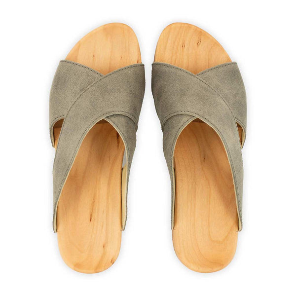 [Sand] Mila Damen Clog Pantolette mit biegsamer nachhaltiger weidenholzsohle, holzclogs woody, woody schuhe, woody shoes, handgemachte holzschuhe aus österreich, kärnten, farbe: sand