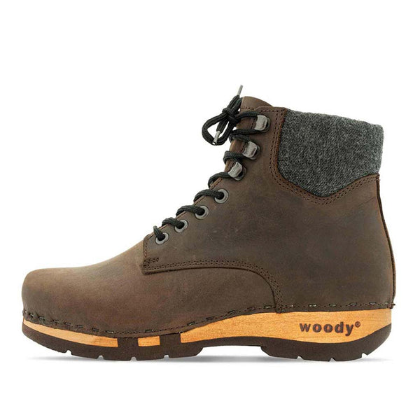[Caffe] Mona Damen Clog Stiefelette mit biegsamer nachhaltiger holzsohle, farbe: caffe-braun, holzclogs woody schuhe, woody shoes, handgemachte holzschuhe aus österreich kärnten