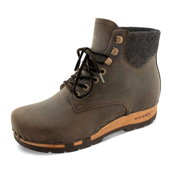 [Caffe] Mona Damen Clog Stiefelette mit biegsamer nachhaltiger holzsohle, farbe: caffe-braun, holzclogs woody schuhe, woody shoes, handgemachte holzschuhe aus österreich kärnten