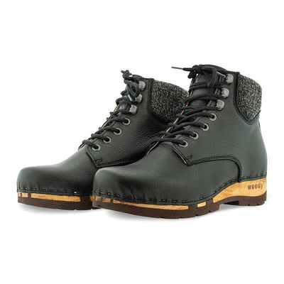 [Cervo Nero] Mona Damen Clog Stiefelette mit biegsamer nachhaltiger holzsohle, farbe: cervo-nero (strukturiertes Glattleder), holzclogs woody schuhe, woody shoes, handgemachte holzschuhe aus österreich kärnten