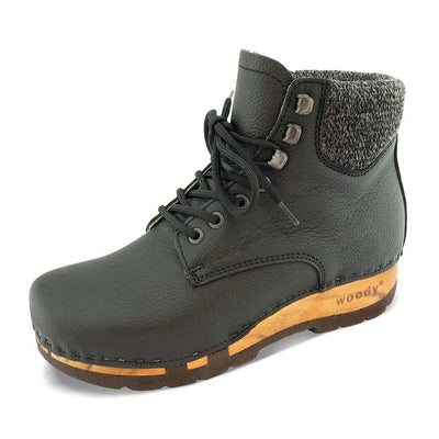 [Cervo Nero] Mona Damen Clog Stiefelette mit biegsamer nachhaltiger holzsohle, farbe: cervo-nero (strukturiertes Glattleder), holzclogs woody schuhe, woody shoes, handgemachte holzschuhe aus österreich kärnten