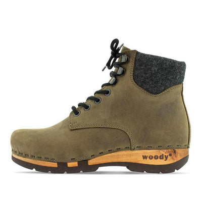 [Olivia] Mona Damen Clog Stiefelette mit biegsamer nachhaltiger holzsohle, farbe: olivia (grün), holzclogs woody schuhe, woody shoes, handgemachte holzschuhe aus österreich kärnten