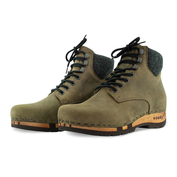 [Olivia] Mona Damen Clog Stiefelette mit biegsamer nachhaltiger holzsohle, farbe: olivia (grün), holzclogs woody schuhe, woody shoes, handgemachte holzschuhe aus österreich kärnten