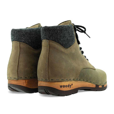 [Olivia] Mona Damen Clog Stiefelette mit biegsamer nachhaltiger holzsohle, farbe: olivia (grün), holzclogs woody schuhe, woody shoes, handgemachte holzschuhe aus österreich kärnten