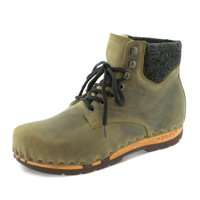[Olivia] Mona Damen Clog Stiefelette mit biegsamer nachhaltiger holzsohle, farbe: olivia (grün), holzclogs woody schuhe, woody shoes, handgemachte holzschuhe aus österreich kärnten