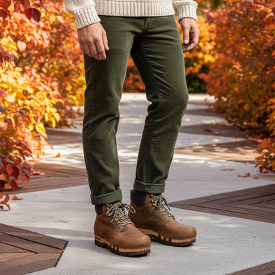 [Tabacco] Moritz Herren Clog Boots mit biegsamer nachhaltiger holzsohle, farbe: tabacco (braun), holzclogs woody schuhe, woody shoes, handgemachte holzschuhe aus österreich kärnten