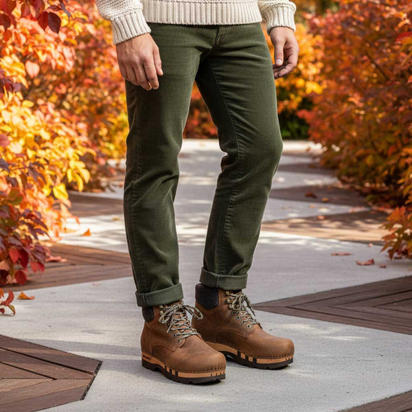 [Tabacco] Moritz Herren Clog Boots mit biegsamer nachhaltiger holzsohle, farbe: tabacco (braun), holzclogs woody schuhe, woody shoes, handgemachte holzschuhe aus österreich kärnten