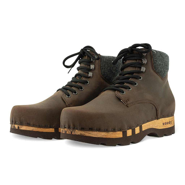 [Caffe] Moritz Herren Clog Boots mit biegsamer nachhaltiger holzsohle, farbe: caffe braun, holzclogs woody schuhe, woody shoes, handgemachte holzschuhe aus österreich kärnten