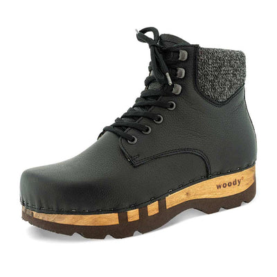[Cervo Nero] Moritz Herren Clog Boots mit biegsamer nachhaltiger holzsohle, farbe: cervo nero schwarz, holzclogs woody schuhe, woody shoes, handgemachte holzschuhe aus österreich kärnten