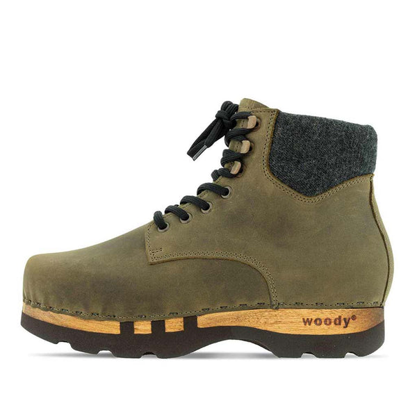 [Olivia] Moritz Herren Clog Boots mit biegsamer nachhaltiger holzsohle, farbe: olivia (grün), holzclogs woody schuhe, woody shoes, handgemachte holzschuhe aus österreich kärnten