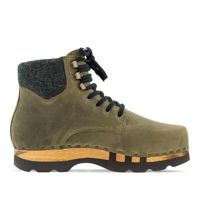 [Olivia] Moritz Herren Clog Boots mit biegsamer nachhaltiger holzsohle, farbe: olivia (grün), holzclogs woody schuhe, woody shoes, handgemachte holzschuhe aus österreich kärnten