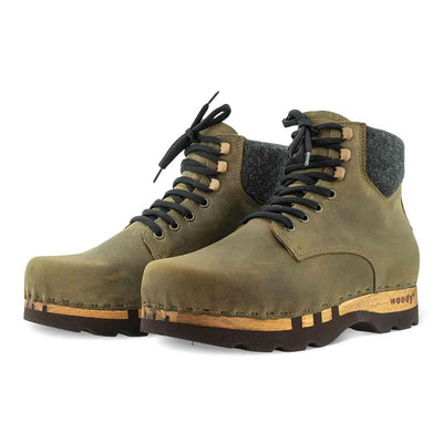 [Olivia] Moritz Herren Clog Boots mit biegsamer nachhaltiger holzsohle, farbe: olivia (grün), holzclogs woody schuhe, woody shoes, handgemachte holzschuhe aus österreich kärnten