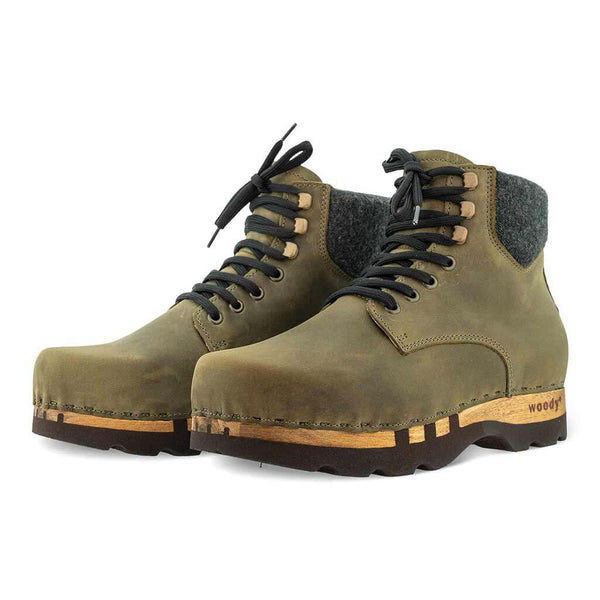 [Olivia] Moritz Herren Clog Boots mit biegsamer nachhaltiger holzsohle, farbe: olivia (grün), holzclogs woody schuhe, woody shoes, handgemachte holzschuhe aus österreich kärnten