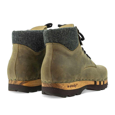 [Olivia] Moritz Herren Clog Boots mit biegsamer nachhaltiger holzsohle, farbe: olivia (grün), holzclogs woody schuhe, woody shoes, handgemachte holzschuhe aus österreich kärnten