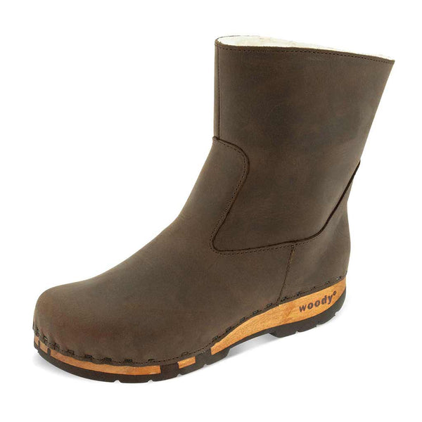[Caffe] Nena Damen Clog Stiefelette mit biegsamer nachhaltiger holzsohle, farbe: caffe-braun, holzclogs woody schuhe, woody shoes, handgemachte holzschuhe aus österreich kärnten
