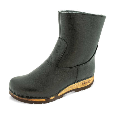 [Cervo Nero] Nena Damen Clog Stiefelette mit biegsamer nachhaltiger holzsohle, farbe: cerv nero (schwarz), holzclogs woody schuhe, woody shoes, handgemachte holzschuhe aus österreich kärnten