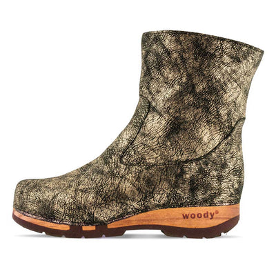 [Noirgold] Nena Damen Clog Stiefelette mit biegsamer nachhaltiger holzsohle, holzclogs woody schuhe, woody shoes, handgemachte holzschuhe aus österreich kärnten, farbe: noirgold (gold mit schwarzen cracks)
