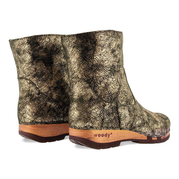 [Noirgold] Nena Damen Clog Stiefelette mit biegsamer nachhaltiger holzsohle, holzclogs woody schuhe, woody shoes, handgemachte holzschuhe aus österreich kärnten, farbe: noirgold (gold mit schwarzen cracks)