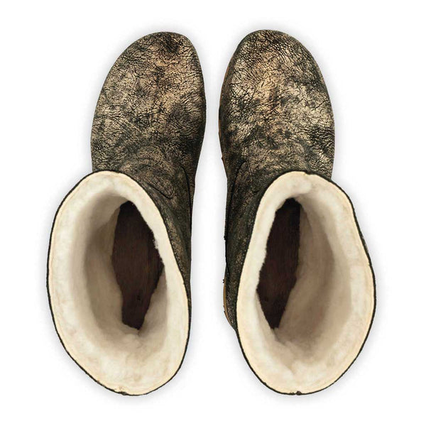 [Noirgold] Nena Damen Clog Stiefelette mit biegsamer nachhaltiger holzsohle, holzclogs woody schuhe, woody shoes, handgemachte holzschuhe aus österreich kärnten, farbe: noirgold (gold mit schwarzen cracks)