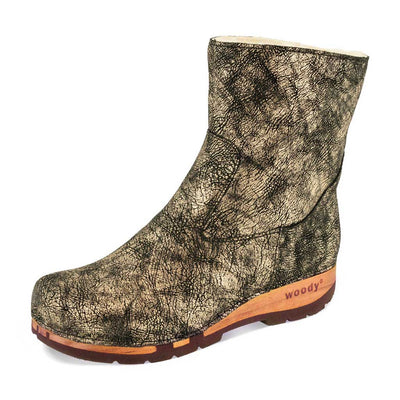 [Noirgold] Nena Damen Clog Stiefelette mit biegsamer nachhaltiger holzsohle, holzclogs woody schuhe, woody shoes, handgemachte holzschuhe aus österreich kärnten, farbe: noirgold (gold mit schwarzen cracks)
