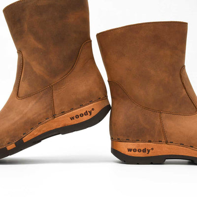 [Tabacco] Nena Damen Clog Stiefelette mit biegsamer nachhaltiger holzsohle, farbe: tabacco (braun), holzclogs woody schuhe, woody shoes, handgemachte holzschuhe aus österreich kärnten