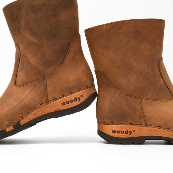 [Tabacco] Nena Damen Clog Stiefelette mit biegsamer nachhaltiger holzsohle, farbe: tabacco (braun), holzclogs woody schuhe, woody shoes, handgemachte holzschuhe aus österreich kärnten