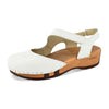 [Weiss] Nicole Damen Clog Sandale mit biegsamer nachhaltiger holzsohle, der bestseller, farbe: weiss, holzclogs woody, woody schuhe, woody shoes, handgemachte holzschuhe aus österreich, kärnten