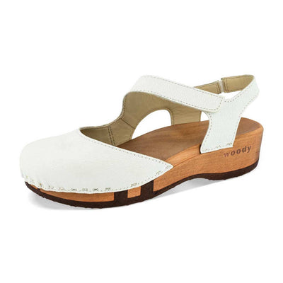 [Weiss] Nicole Damen Clog Sandale mit biegsamer nachhaltiger holzsohle, der bestseller, farbe: weiss, holzclogs woody, woody schuhe, woody shoes, handgemachte holzschuhe aus österreich, kärnten