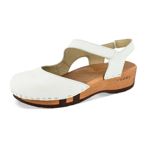 [Weiss] Nicole Damen Clog Sandale mit biegsamer nachhaltiger holzsohle, der bestseller, farbe: weiss, holzclogs woody, woody schuhe, woody shoes, handgemachte holzschuhe aus österreich, kärnten