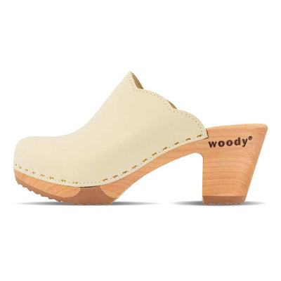 [Creme] Nina Damen Clog mit absatz und biegsamer nachhaltiger holzsohle, der bestseller, holzclogs woody, woody schuhe, woody shoes, handgemachte holzschuhe aus österreich, kärnten, farbe: creme
