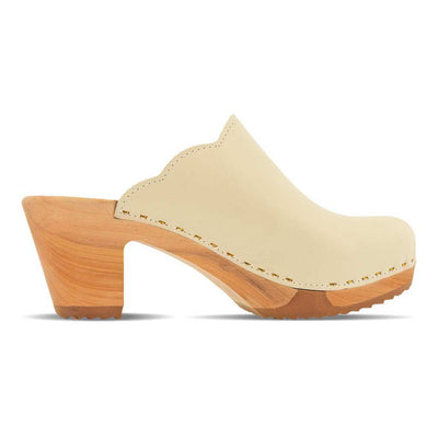 [Creme] Nina Damen Clog mit absatz und biegsamer nachhaltiger holzsohle, der bestseller, holzclogs woody, woody schuhe, woody shoes, handgemachte holzschuhe aus österreich, kärnten, farbe: creme