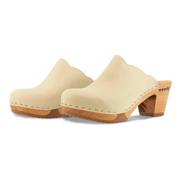 [Creme] Nina Damen Clog mit absatz und biegsamer nachhaltiger holzsohle, der bestseller, holzclogs woody, woody schuhe, woody shoes, handgemachte holzschuhe aus österreich, kärnten, farbe: creme