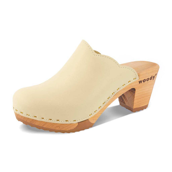 [Creme] Nina Damen Clog mit absatz und biegsamer nachhaltiger holzsohle, der bestseller, holzclogs woody, woody schuhe, woody shoes, handgemachte holzschuhe aus österreich, kärnten, farbe: creme