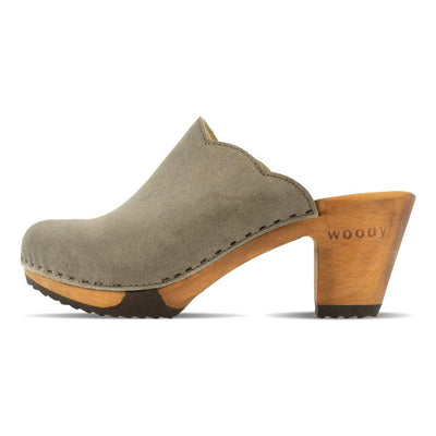 [Sand] Nina Damen Clog mit absatz und biegsamer nachhaltiger holzsohle, der bestseller, farbe: sand-warm_grey, holzclogs woody, woody schuhe, woody shoes, handgemachte holzschuhe aus österreich, kärnten
