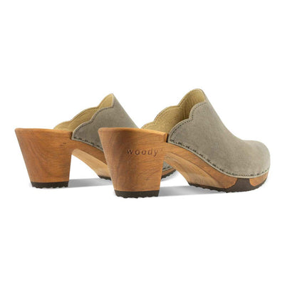 [Sand] Nina Damen Clog mit absatz und biegsamer nachhaltiger holzsohle, der bestseller, farbe: sand-warm_grey, holzclogs woody, woody schuhe, woody shoes, handgemachte holzschuhe aus österreich, kärnten