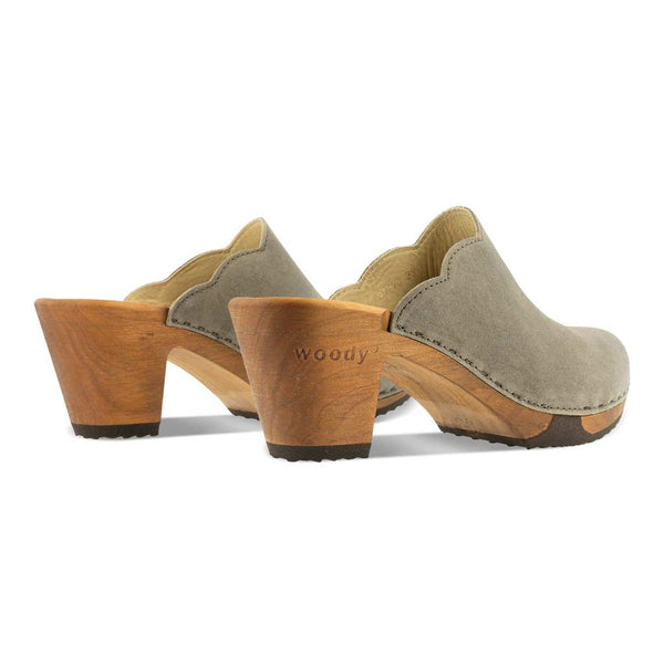 [Sand] Nina Damen Clog mit absatz und biegsamer nachhaltiger holzsohle, der bestseller, farbe: sand-warm_grey, holzclogs woody, woody schuhe, woody shoes, handgemachte holzschuhe aus österreich, kärnten