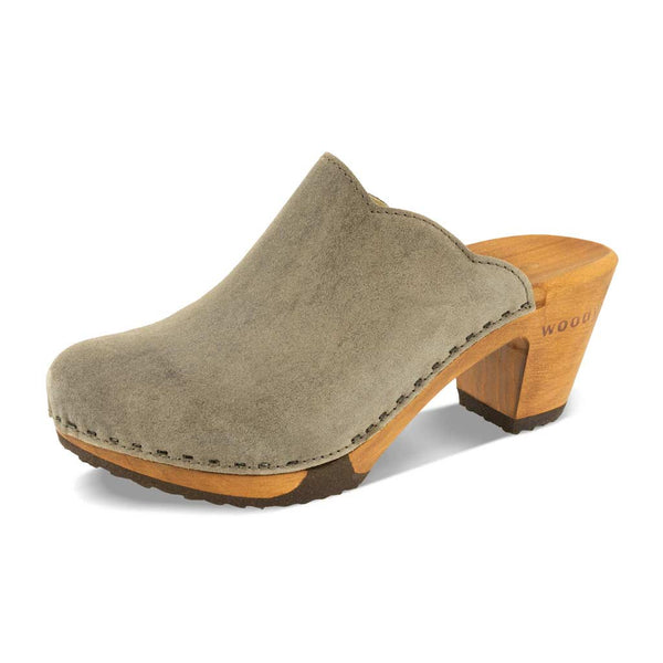 [Sand] Nina Damen Clog mit absatz und biegsamer nachhaltiger holzsohle, der bestseller, farbe: sand-warm_grey, holzclogs woody, woody schuhe, woody shoes, handgemachte holzschuhe aus österreich, kärnten