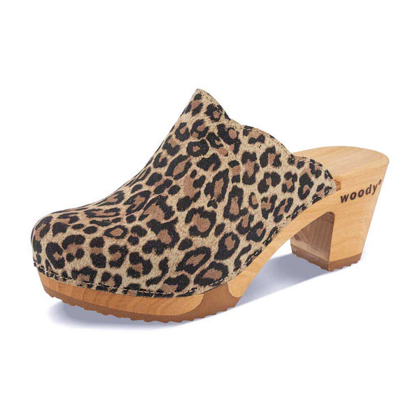 [Wildcat] Nina Damen Clog mit absatz und biegsamer nachhaltiger holzsohle, der bestseller, holzclogs woody, woody schuhe, woody shoes, handgemachte holzschuhe aus österreich, kärnten, farbe: wildcat (animal print - leo)