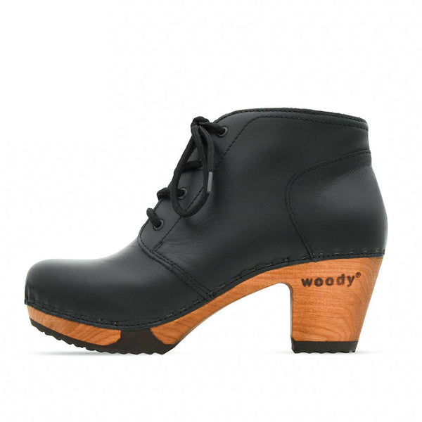 [Nero Glattleder] Nora Clog Ankle Boots, Stiefelette woddy Schuhe. Damen Stiefeletten kaufen, clog boots damen stiefel mit biegsamer nachhaltiger holzsohle. Damenclogs, Damen Clogs - Clogs Damen. Holzschuhe für Damen, Damen Clogs, Holzclogs, Damen Pantoletten mit Holzsohle. Holz Schuhe, Clog, Farbe: Nero Glattleder (schwarz)