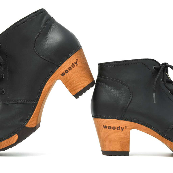 [Nero Glattleder] Nora Clog Ankle Boots, Stiefelette woddy Schuhe. Damen Stiefeletten kaufen, clog boots damen stiefel mit biegsamer nachhaltiger holzsohle. Damenclogs, Damen Clogs - Clogs Damen. Holzschuhe für Damen, Damen Clogs, Holzclogs, Damen Pantoletten mit Holzsohle. Holz Schuhe, Clog, Farbe: Nero Glattleder (schwarz)