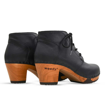[Nero Glattleder] Nora Clog Ankle Boots, Stiefelette woddy Schuhe. Damen Stiefeletten kaufen, clog boots damen stiefel mit biegsamer nachhaltiger holzsohle. Damenclogs, Damen Clogs - Clogs Damen. Holzschuhe für Damen, Damen Clogs, Holzclogs, Damen Pantoletten mit Holzsohle. Holz Schuhe, Clog, Farbe: Nero Glattleder (schwarz)
