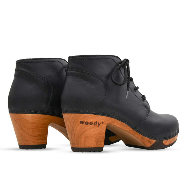 [Nero Glattleder] Nora Clog Ankle Boots, Stiefelette woddy Schuhe. Damen Stiefeletten kaufen, clog boots damen stiefel mit biegsamer nachhaltiger holzsohle. Damenclogs, Damen Clogs - Clogs Damen. Holzschuhe für Damen, Damen Clogs, Holzclogs, Damen Pantoletten mit Holzsohle. Holz Schuhe, Clog, Farbe: Nero Glattleder (schwarz)