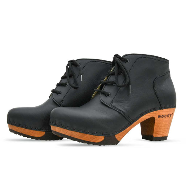 [Nero Glattleder] Nora Clog Ankle Boots, Stiefelette woddy Schuhe. Damen Stiefeletten kaufen, clog boots damen stiefel mit biegsamer nachhaltiger holzsohle. Damenclogs, Damen Clogs - Clogs Damen. Holzschuhe für Damen, Damen Clogs, Holzclogs, Damen Pantoletten mit Holzsohle. Holz Schuhe, Clog, Farbe: Nero Glattleder (schwarz)