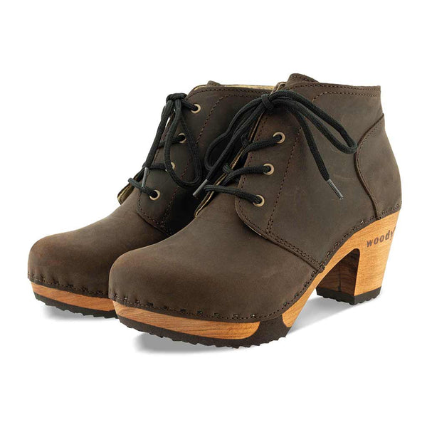 [Caffe] Nora Clog Ankle Boots, clog stiefelette mit absatz, damen stiefel mit biegsamer nachhaltiger holzsohle, der bestseller, holzclogs woody, woody schuhe, woody shoes, handgemachte holzschuhe aus österreich, kärnten, farbe: caffe (braun)