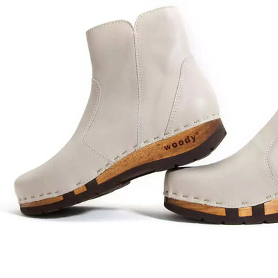 [Creme] Olga Damen Clog Stiefelette mit biegsamer nachhaltiger holzsohle, farbe: creme (naturweiss), holzclogs woody, woody schuhe, woody shoes, handgemachte holzschuhe aus österreich, kärnten