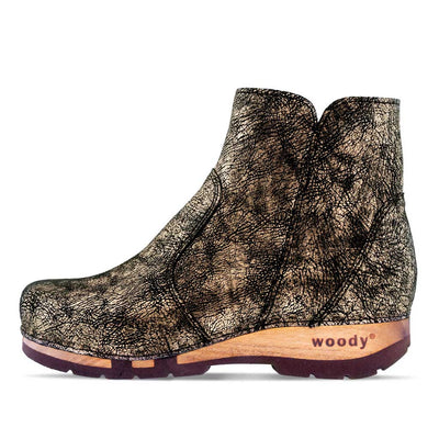 [Noirgold] Olga Damen Clog Stiefelette mit biegsamer nachhaltiger holzsohle, holzclogs woody, woody schuhe, woody shoes, handgemachte holzschuhe aus österreich, kärnten, farbe: noirgold (gold mit schwarzen cracks)