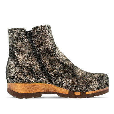 [Noirgold] Olga Damen Clog Stiefelette mit biegsamer nachhaltiger holzsohle, holzclogs woody, woody schuhe, woody shoes, handgemachte holzschuhe aus österreich, kärnten, farbe: noirgold (gold mit schwarzen cracks)