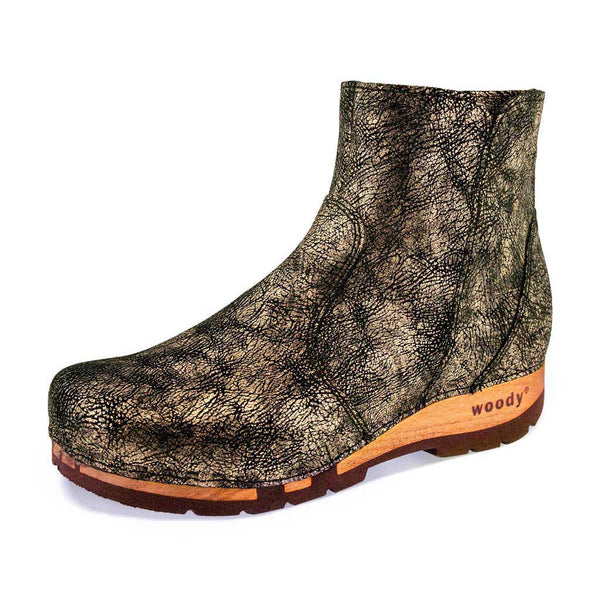 [Noirgold] Olga Damen Clog Stiefelette mit biegsamer nachhaltiger holzsohle, holzclogs woody, woody schuhe, woody shoes, handgemachte holzschuhe aus österreich, kärnten, farbe: noirgold (gold mit schwarzen cracks)