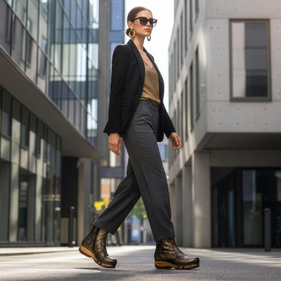 [Noirgold] Olga Damen Clog Stiefelette mit biegsamer nachhaltiger holzsohle, holzclogs woody, woody schuhe, woody shoes, handgemachte holzschuhe aus österreich, kärnten, farbe: noirgold (gold mit schwarzen cracks)