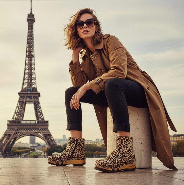 [Wildcat] Olga Damen Clog Stiefelette mit biegsamer nachhaltiger holzsohle, holzclogs woody, woody schuhe, woody shoes, handgemachte holzschuhe aus österreich, kärnten, farbe: wildcat (animal print)